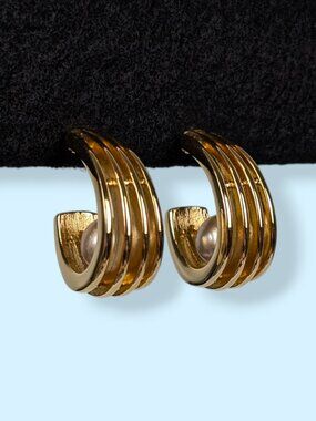 Joan Rivers Gold Tone Ribbed Open Hoop Faux Pearl Earrings